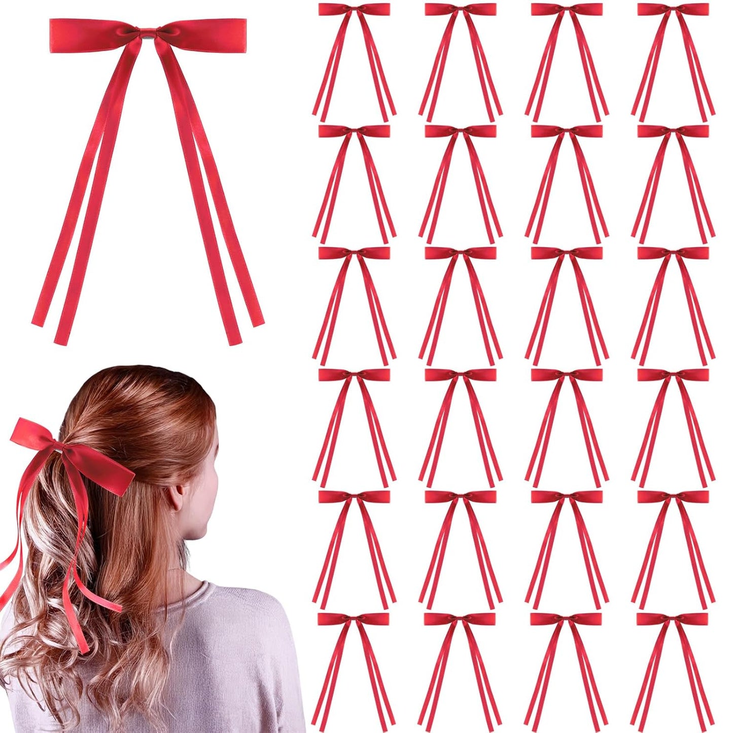 24 PCS Hair Bows Clips Ribbon,Mini Satin Hair Bows With Long Tail for Women and Girls Hairstyle Accessory Gift (Red)