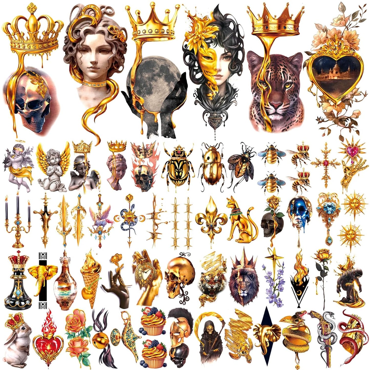 77 Sheets Temporary Tattoo, Lion Wolf Snake Skull Elephant Fake Tattoos for Adults Neck Shoulder, Bee Angel Crown Scepter Realistic Temporary Tattoos for Men Women Girls