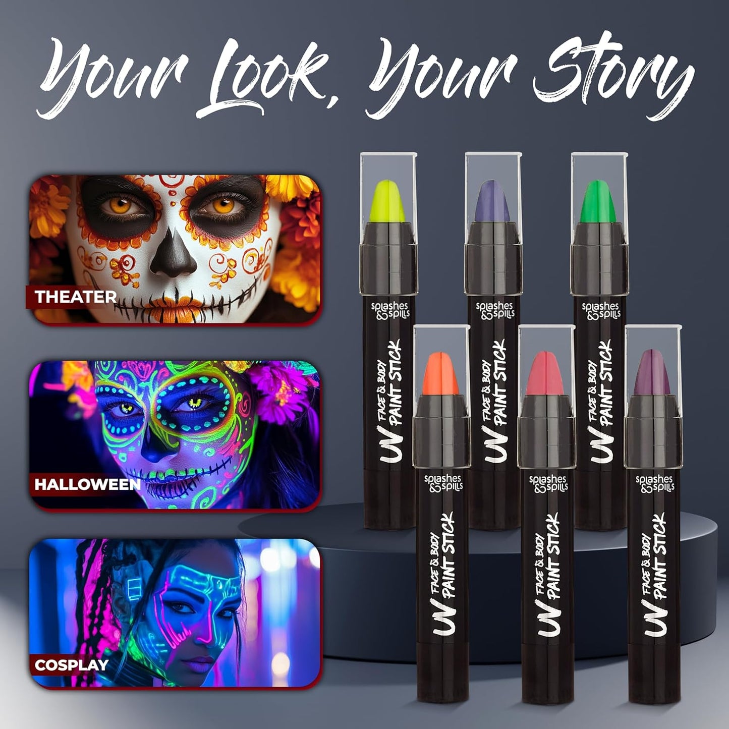 Splashes & Spills UV Face and Body Paint Sticks - UV Body Paint, UV Face Paint for Costume, Cosplay, Theater, Club - Glows Under UV Light - Black Light Paint For All Skin Types (6 Colors)