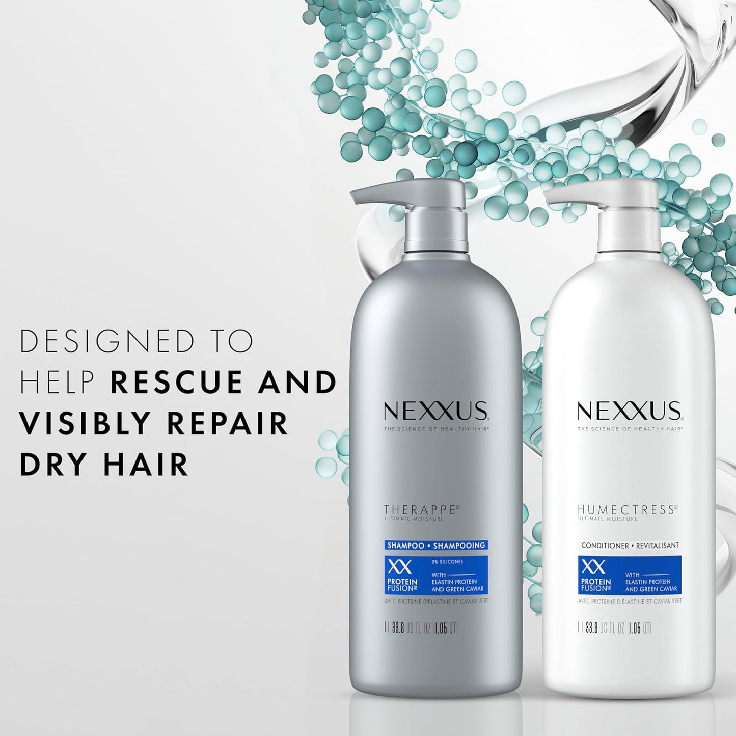 Nexxus Shampoo and Conditioner Therappe Humectress 2 Count for Dry Hair Silicone-Free, Moisturizing Caviar Complex and Elastin Protein for thicker and stronger hair 33.8 oz