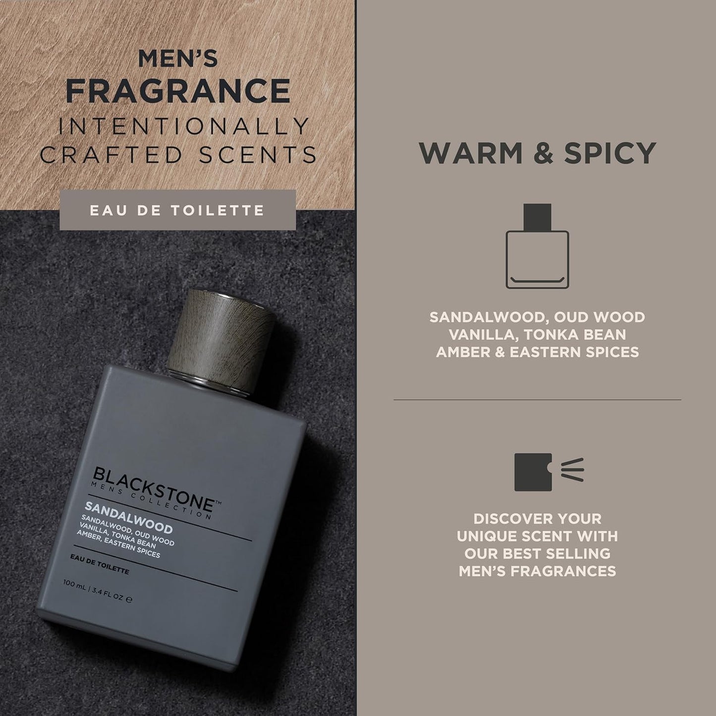 Blackstone Mens Collection Eau de Toilette – Sandalwood | Men's Fragrance, Long Lasting Cologne, with Sandalwood, Oud & Amber | Everyday Fragrance, Travel Size (3.4 Fl Oz)