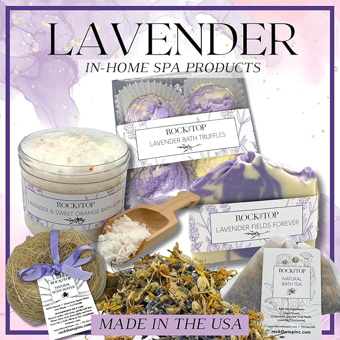 USA Made | 6 Lavender Self Care Gifts for Women, Bath Bombs (Truffles), Plant Based Dry Brush Body Brush Loofah, Epsom Salt Bath Soak, Handmade Soap, Herbal Bath Tea, Self Care Gift Box.