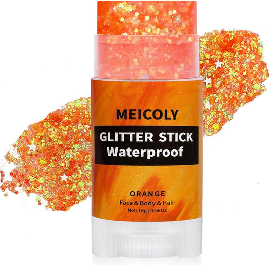 MEICOLY Orange Face Body Glitter Stick,Hair Glitter Stick for Kids and Women,Sparkle Chunky Glitter Makeup,Waterproof Face Glitter for Party Rave Festival