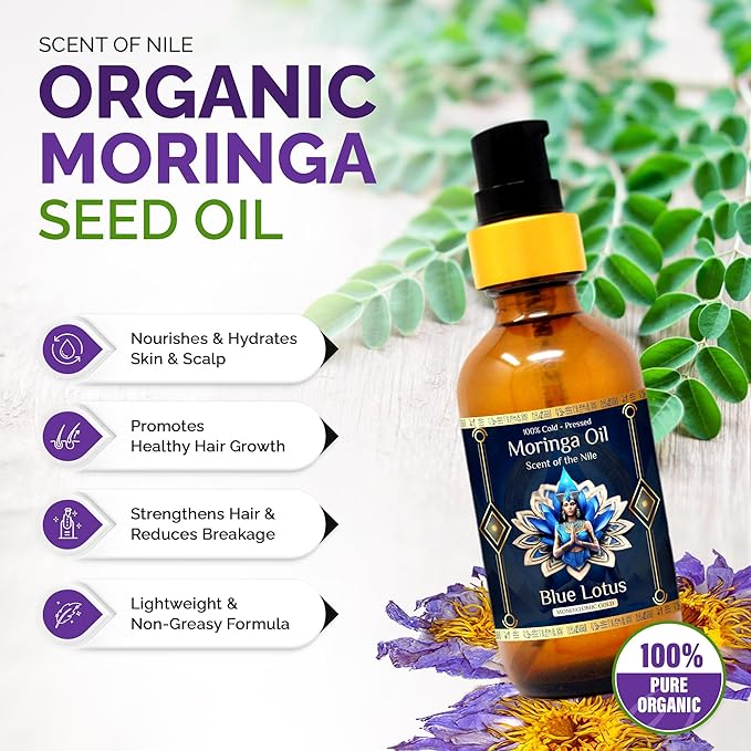 Pure Organic Moringa Oil with Blue Lotus Flower & Ormus Gold – Hydrating & Anti-Aging Oil for Skin, Hair & Nails – Premium 100% Cold Pressed Moringa Seed Extraction, Nourishes & Hydrates Skin