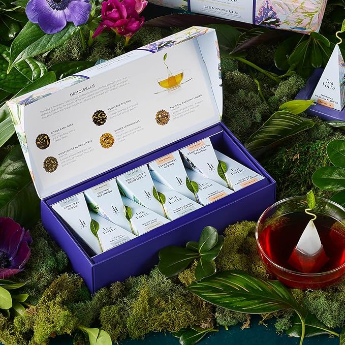 Tea Forte Demoiselle Petite Presentation Box Tea Gift Set Sampler, 10 Count, 2 of Each Variety Individually Wrapped Handcrafted Pyramid Infuser Bags