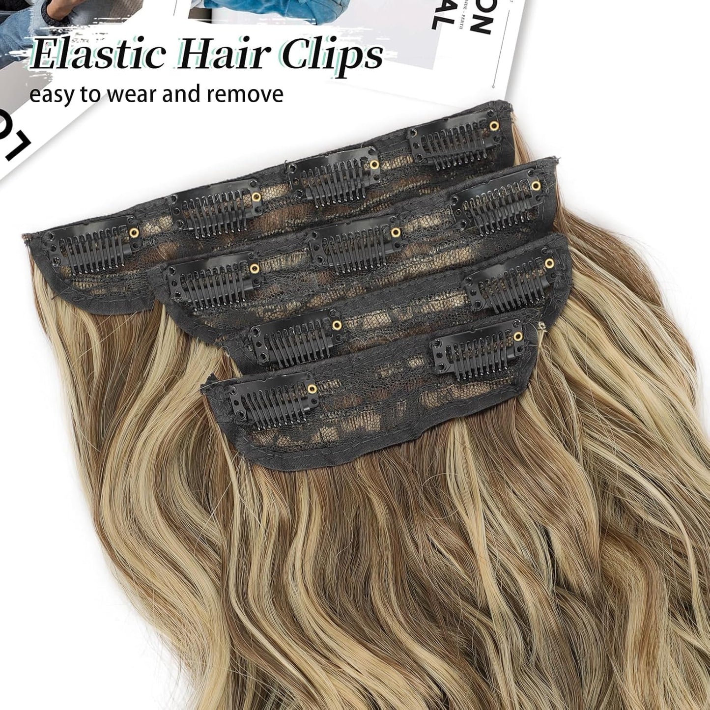 KooKaStyle Hair Extensions Brown mix Blonde Clip in Synthetic Highlight Hair Extensions Long Wavy 4PCS Thick Hairpieces 24 Inch for Women