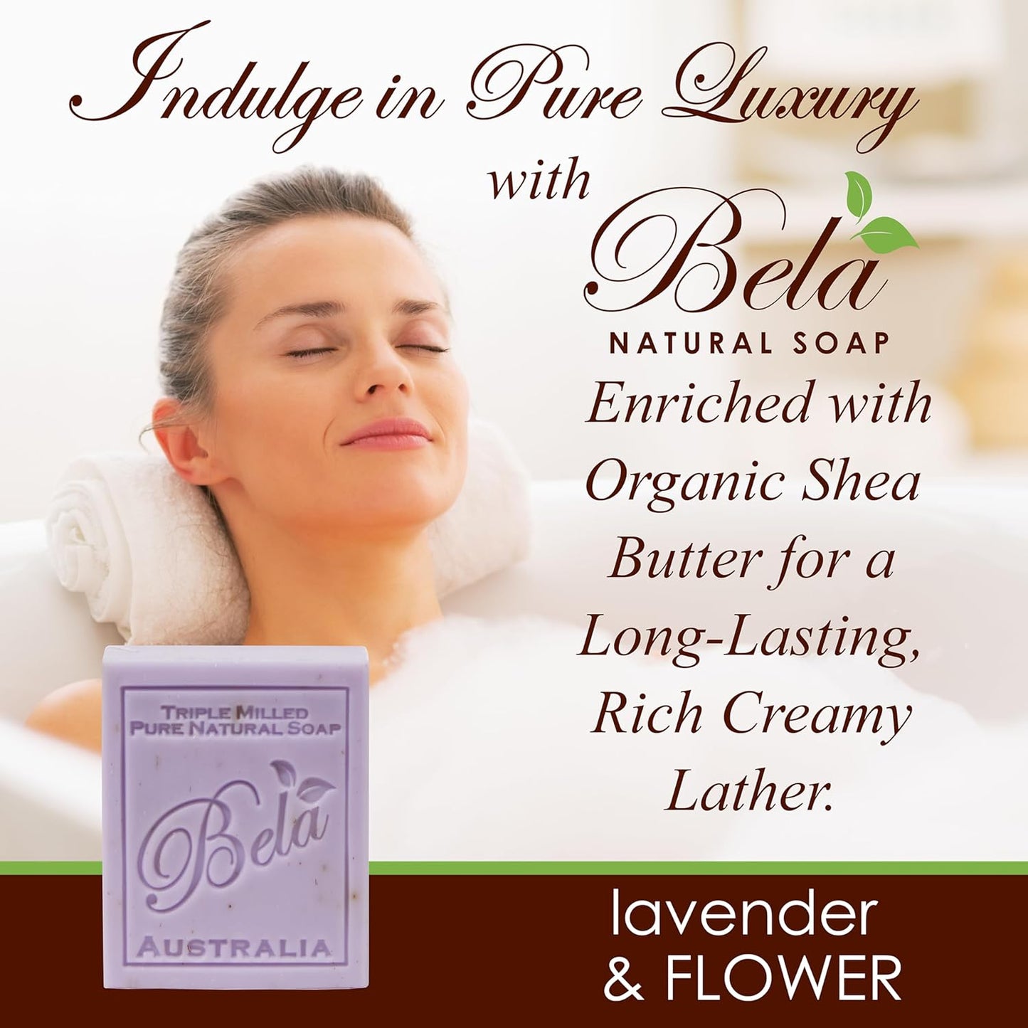 BELA Lavender Soap Bars 3.3 OZ Pack of 6, French Triple Milled Bar Soap with Organic Shea Butter, Lavender and Flower Scented Soap, Made in Australia