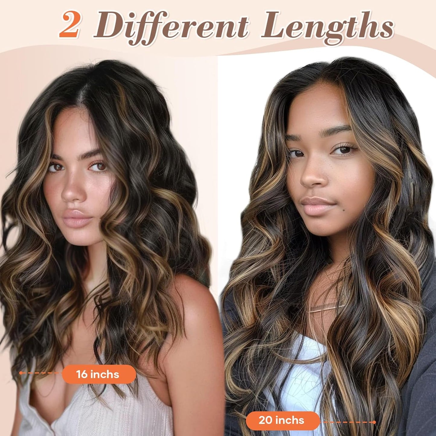 Clip in Long Wavy Synthetic Hair Extensions 16 Inch Black with Caramel Highlights 6PCS Thick Hairpieces Fiber Double Weft Hair for Women