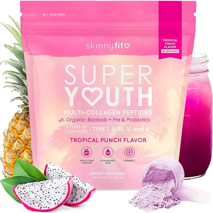 SkinnyFit Super Youth Tropical Punch Multi-Collagen Peptides + Probiotics, Baobab Fiber, Apple Cider Vinegar, Hyaluronic Acid, & Vitamin C, Skin, Hair, Joint & Metabolism Support, 30 Servings