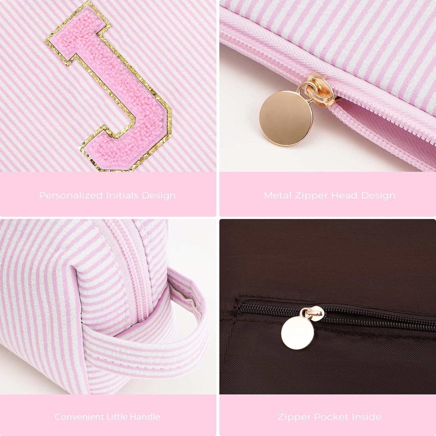 Monogrammed Gifts for Women - Cosmetic Bag for Teen,Initial Cute Makeup Bag Set for Women,Trendy Pouch for Niece Sister Friend Female Her,Birthday Gifts for Daughter - Pink,J