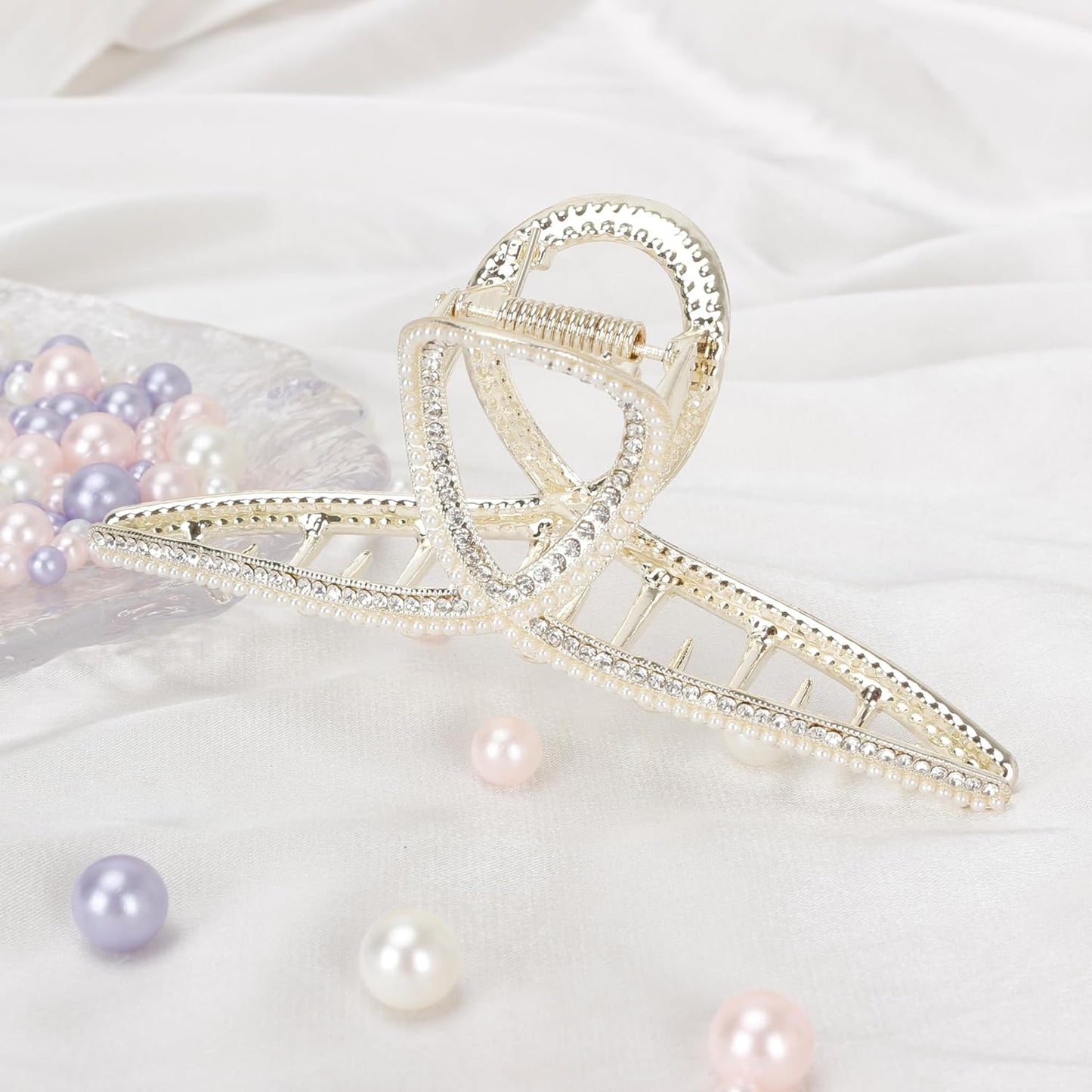 FAELBATY Large Metal Hair Clip for Women's Thick Hair 4.5 Inch, Pearls and Rhinestones Design, Strong Hold Claw Barrettes for Long Hair, Hair Accessories (Style 2, 1 Count)