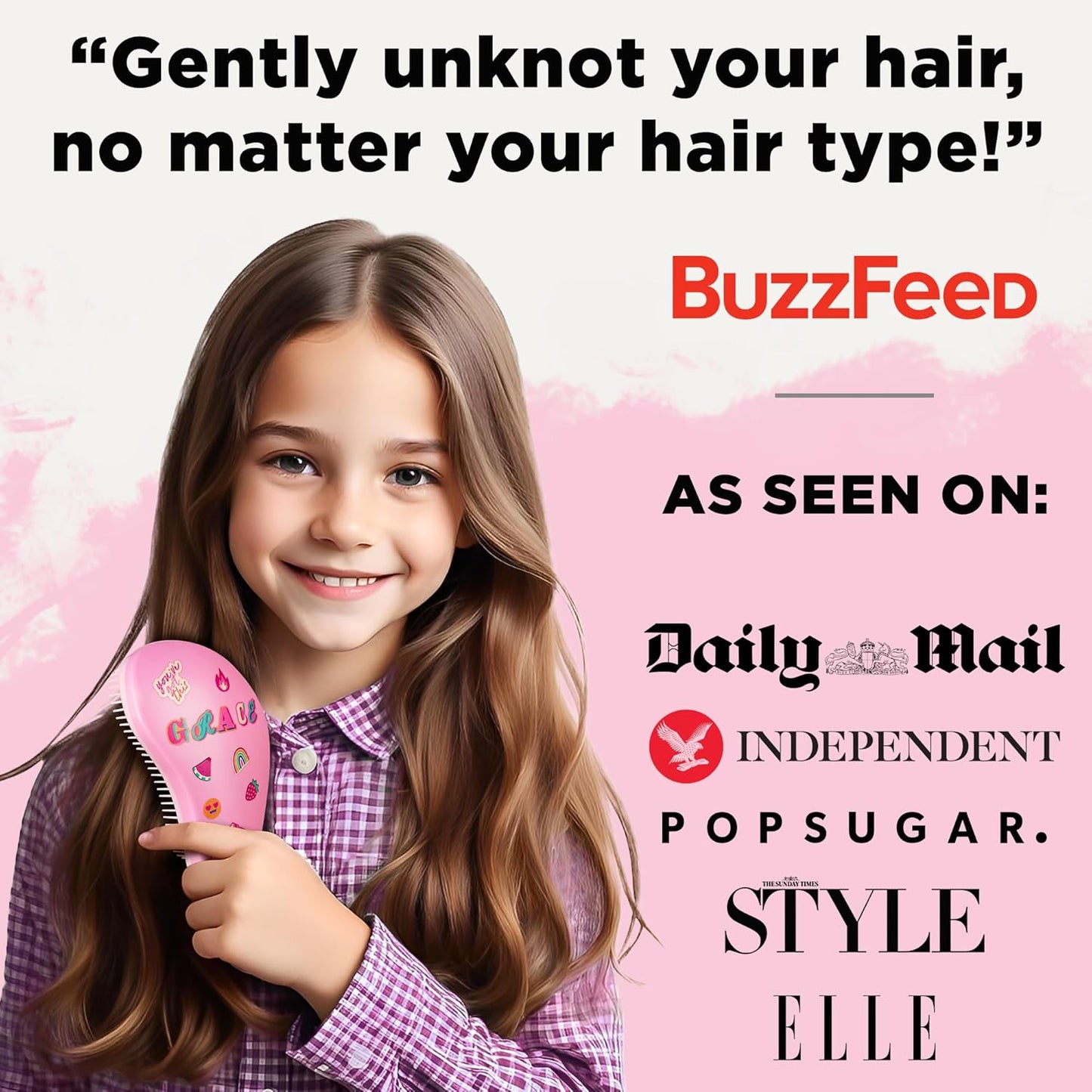 Lily England Detangler Brush for Curly, Thick, Straight & Natural Hair - Trendy Gift for Teens, Kids & Toddlers with Stickers - Hairbrush for Wet & Dry Hair, Pink