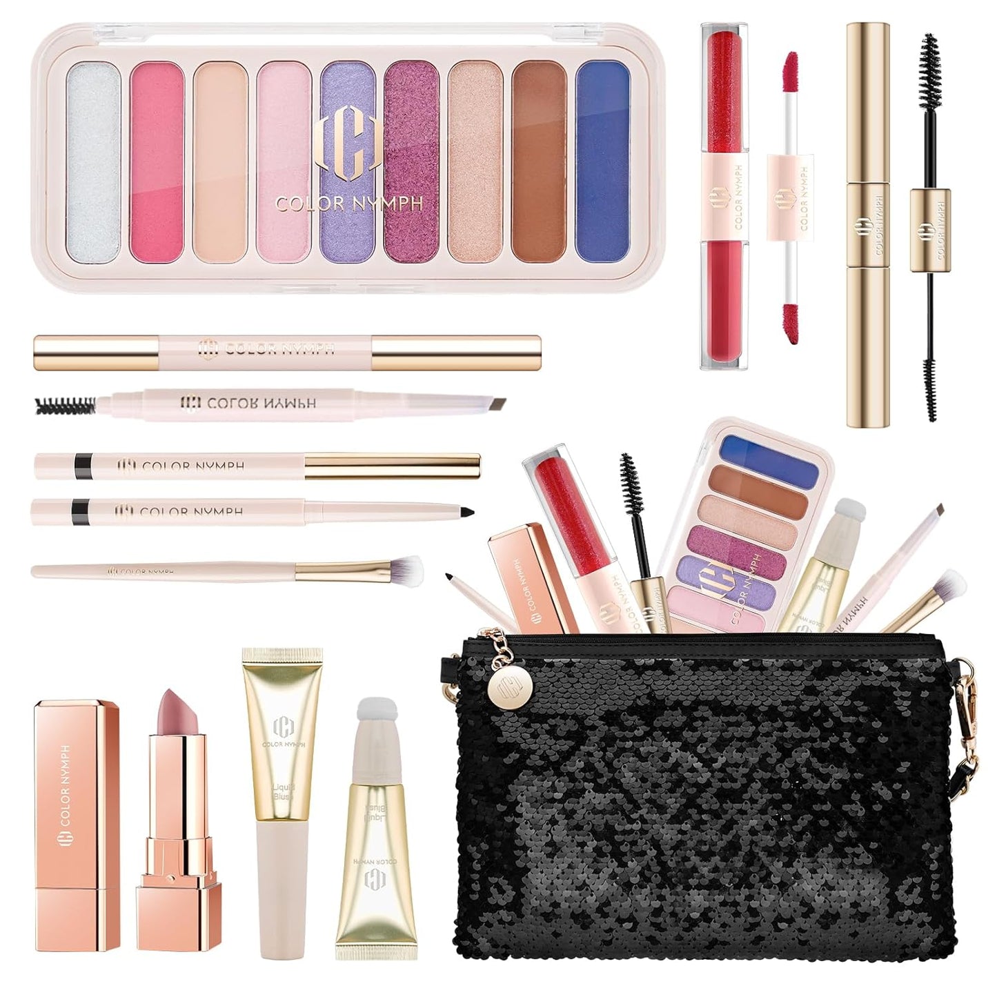 Color Nymph All in One Makeup Kit for Women & Girls, Cosmetics Gift Set with Sequin Shoulder Bag Includes Eyeshadow Palette, Lip Gloss, Lipstick, Liquid Blush, Eyeliner, Eyebrow pencil, Mascara, Brush
