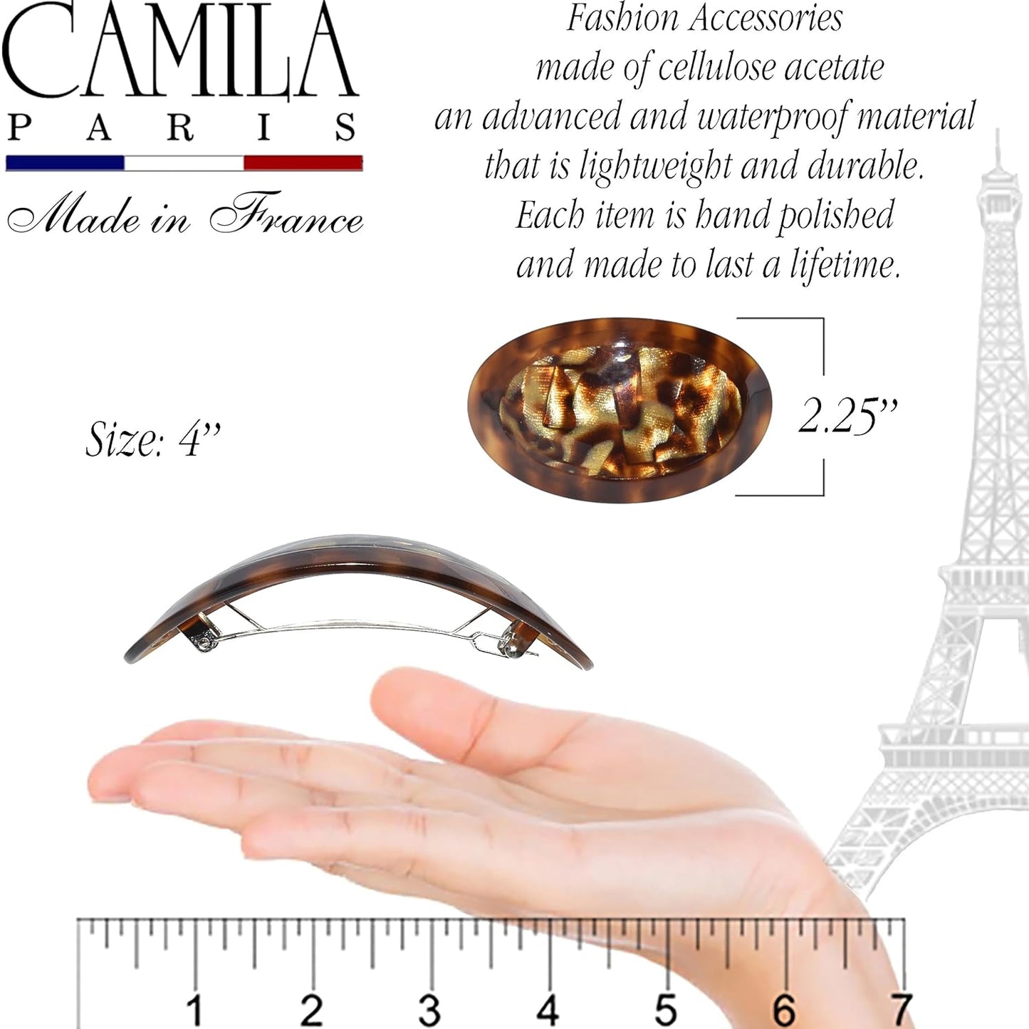 Camila Paris CP3645 French Hair Barrette Clip Oval Brown and Africa, Strong Hold Grip Hair Clips for Women, No Slip Rubberized Metal Closure, Durable Styling Girls Hair Accessories, Made in France