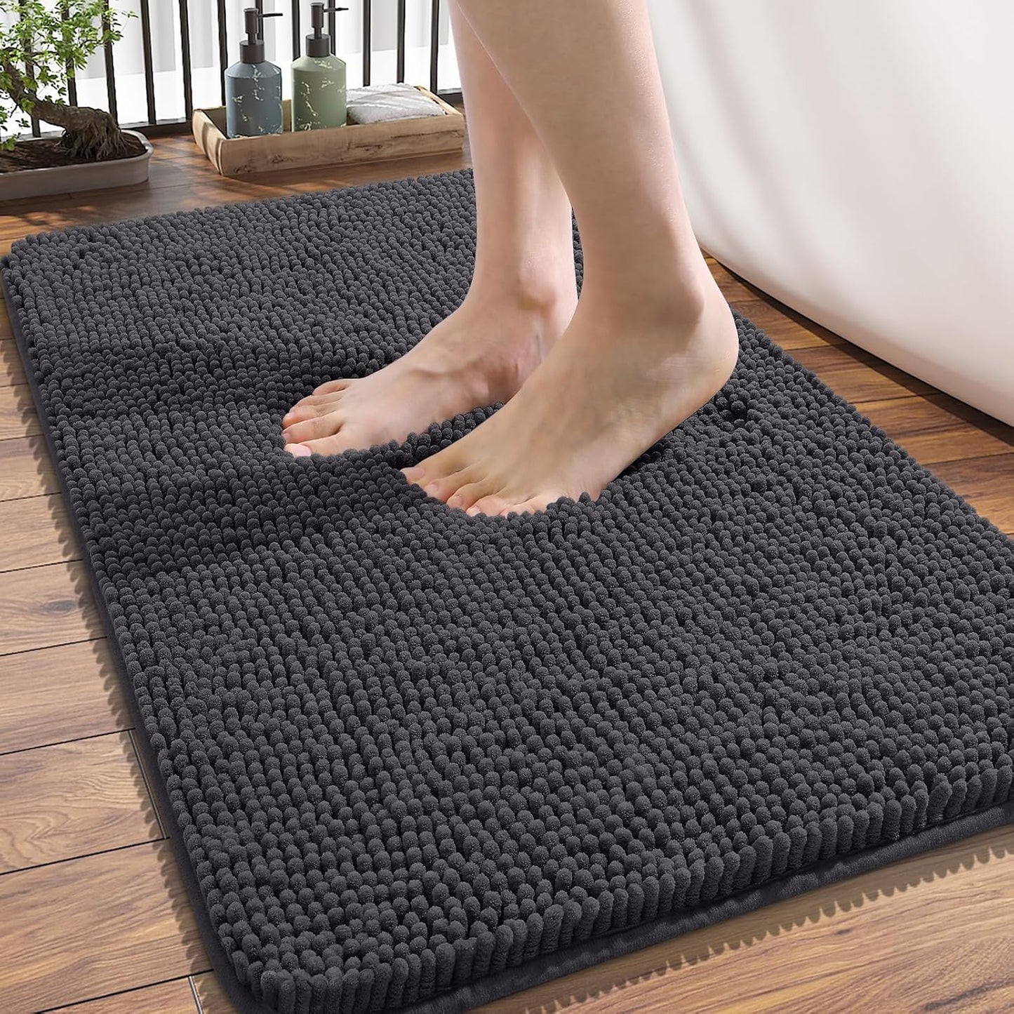 OLANLY Bathroom Rugs 34x21, Extra Soft Absorbent Chenille Bath Rugs, Rubber Backing Quick Dry, Machine Washable Bath Mats for Bathroom Floor, Tub and Shower, Home Decor Accessories, Dark Grey