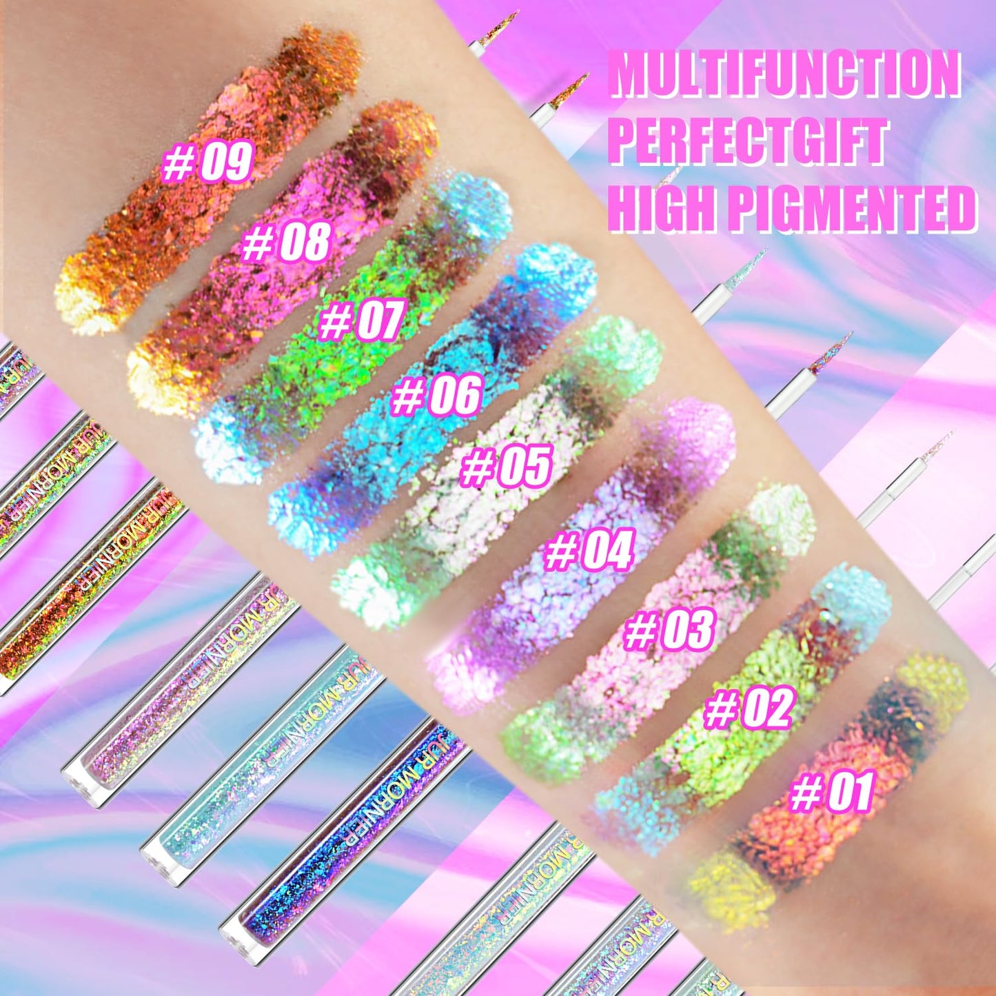 Multichrome Liquid Eyeshadow Set,3 Colors Multi-Dimensional Eye Liner Makeup,High Pigment Waterproof Metallic Eye Shadow,Ultre Fine Tip Glitter Eyeshadow (A07+A08+A09)