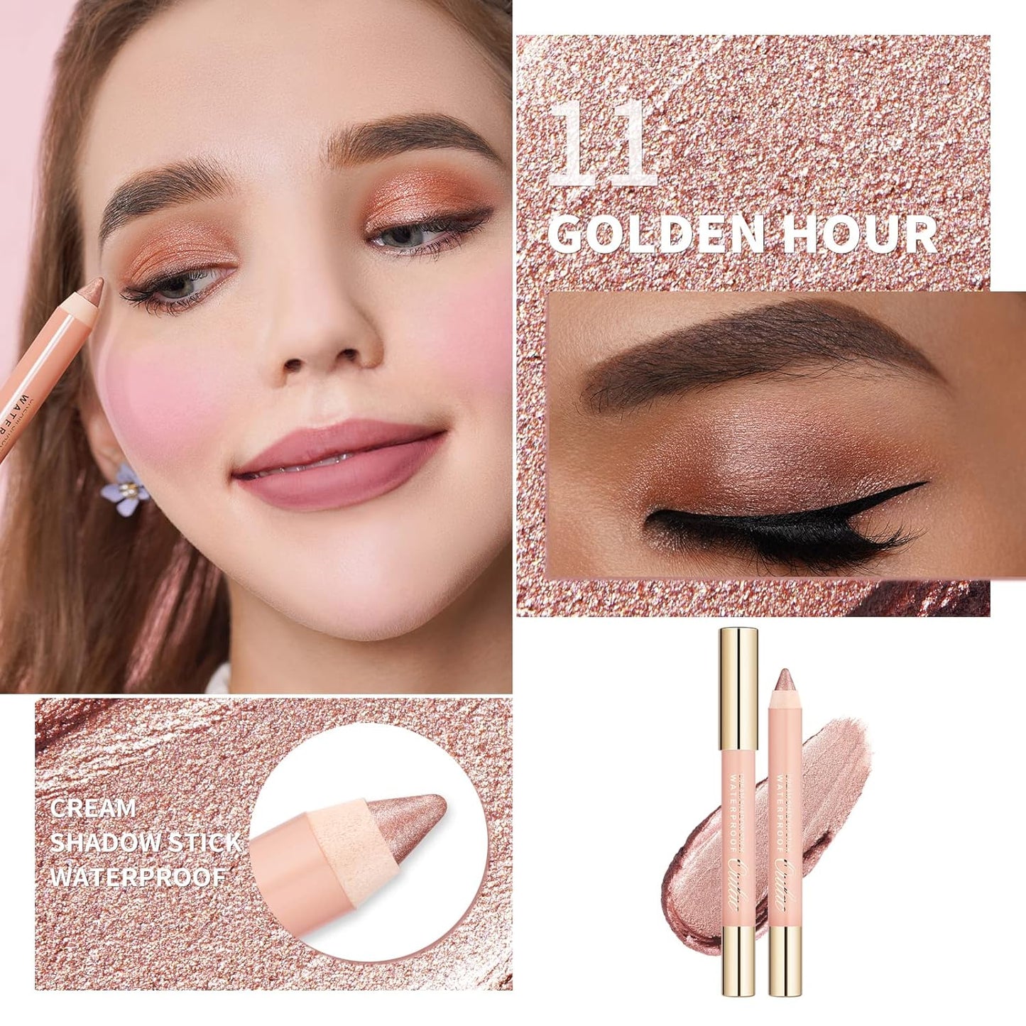 Oulac Nude Gold Eyeshadow Stick - Highly Pigmented Eye Shadow Pencil Waterproof & Long Lasting, Shimmering Glitter Finish, Blendable Eyes Makeup, Vegan Beauty 3.8g, (11) Golden Hour
