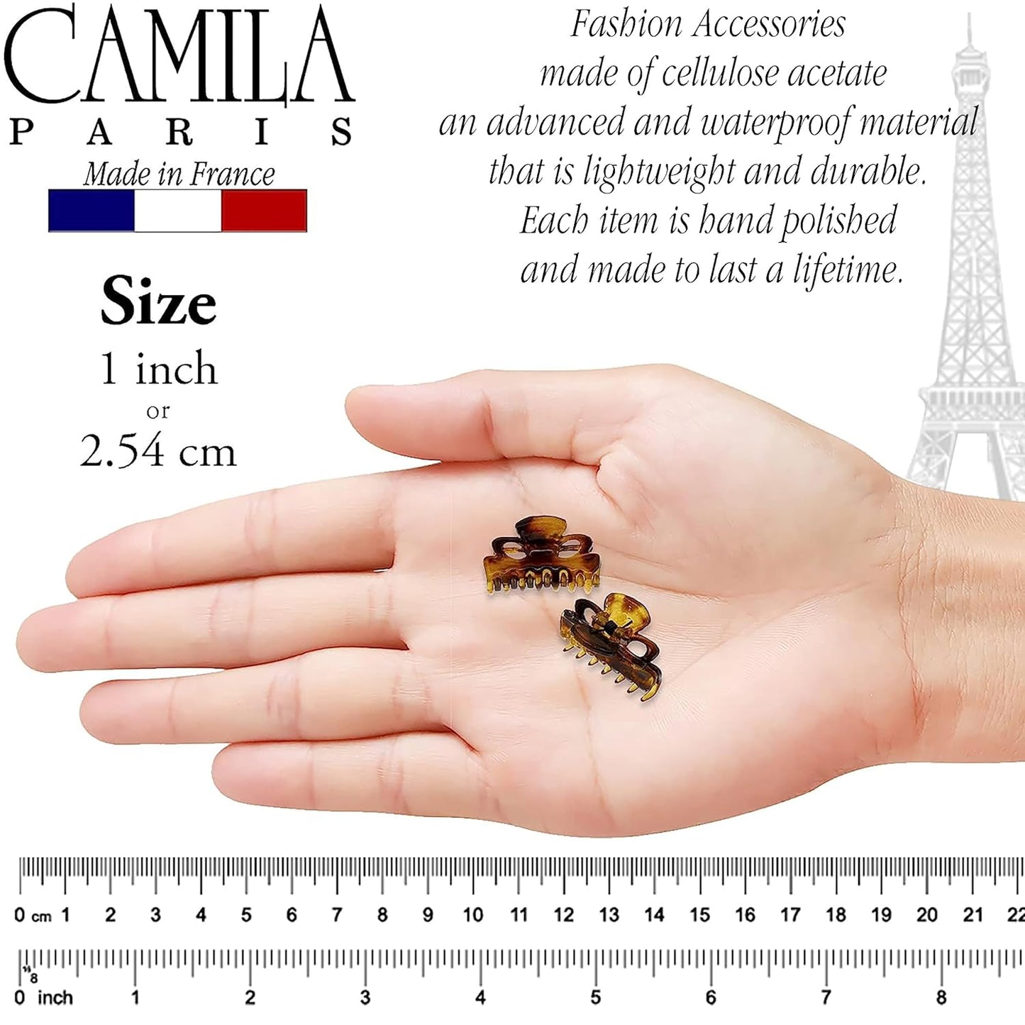 Camila Paris CP2608/2 French Hair Clip for Women, Set of 2 Small 1 inch Girls Hair Claw Clip Jaw Fashion Durable Styling Hair Accessories for Women, Ladies Strong Hold Grip Clamp, Made in France