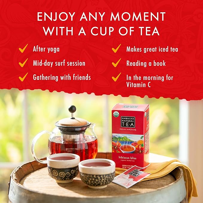 Hawaiian Natural Tea - Organic Hibiscus Bliss Herbal Tea, Caffeine-Free Hibiscus Tea, All-Natural and Antioxidant-Rich Wellness Tea, Vegan and Keto-Friendly, 60 Tea Bags