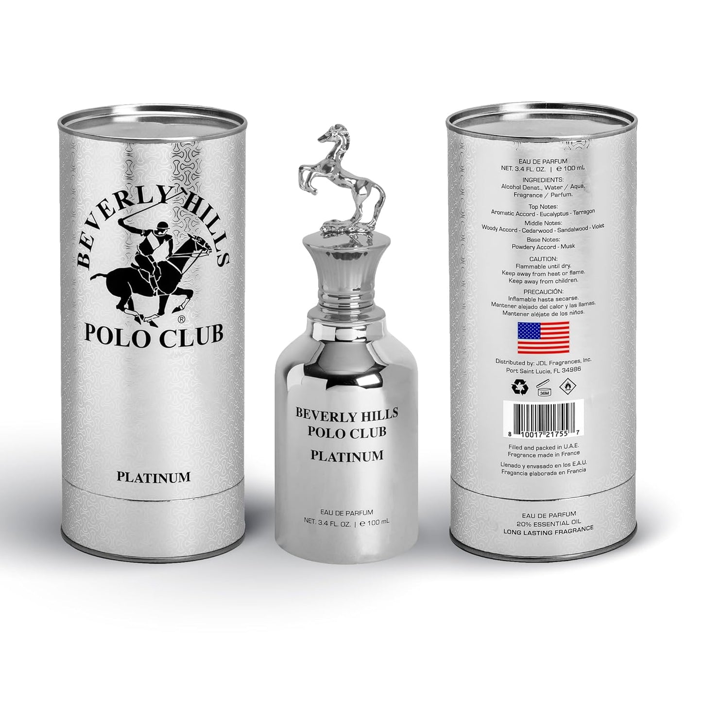 Beverly Hills Polo Club PLATINUM Eau de Parfum for Men - 3.4 Fl Oz Long-Lasting Fragrance with Iconic Metal Horse Cap & Premium Cylinder Box