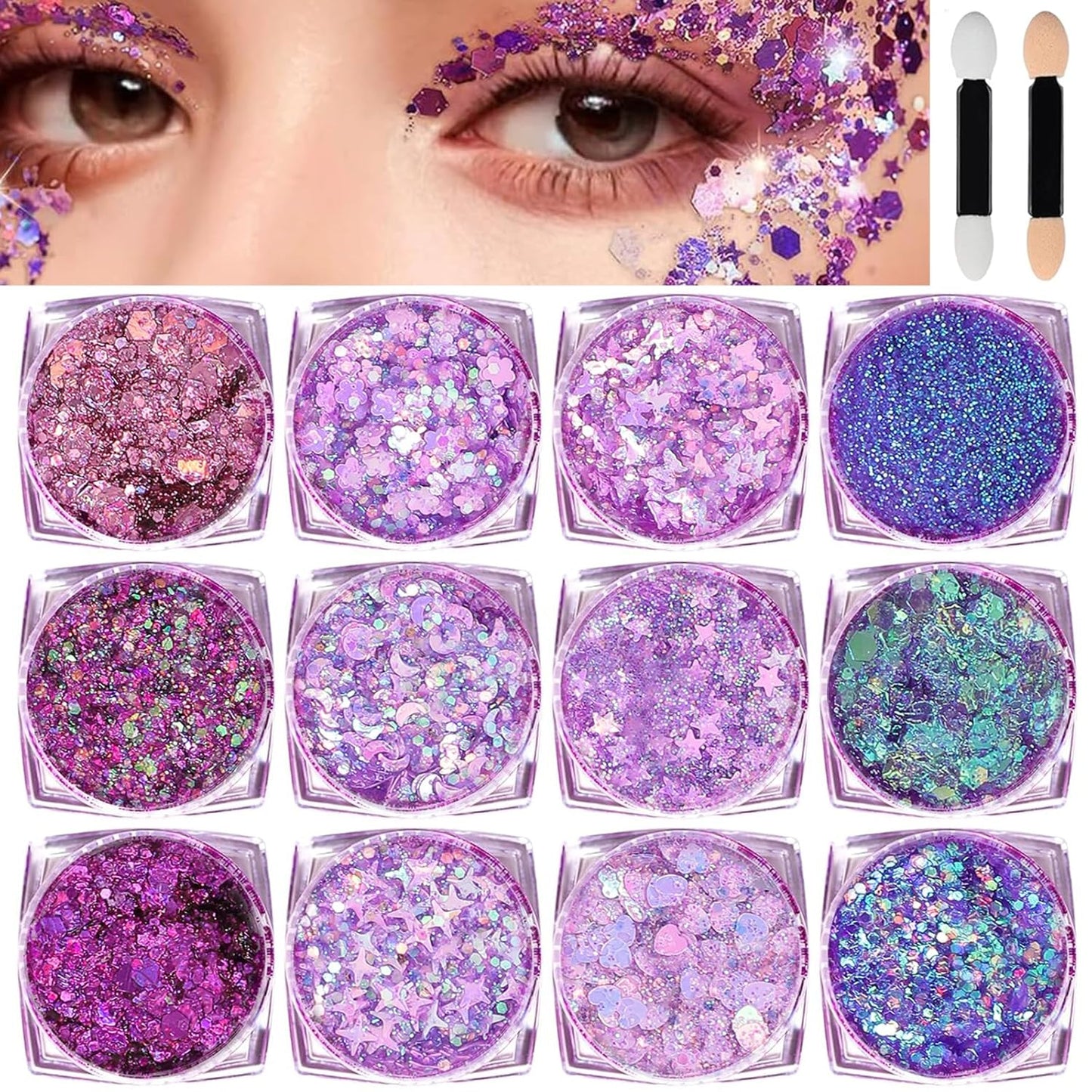 Body Glitter Face Glitter, Hair Glitter for Kids, 12 Shapes Fine Chunky Glitter Gel for Women Girls Makeup Sparkles Party Mermaid Sequins Rave Accessories Singer Concerts Festival (Purple Scheme)