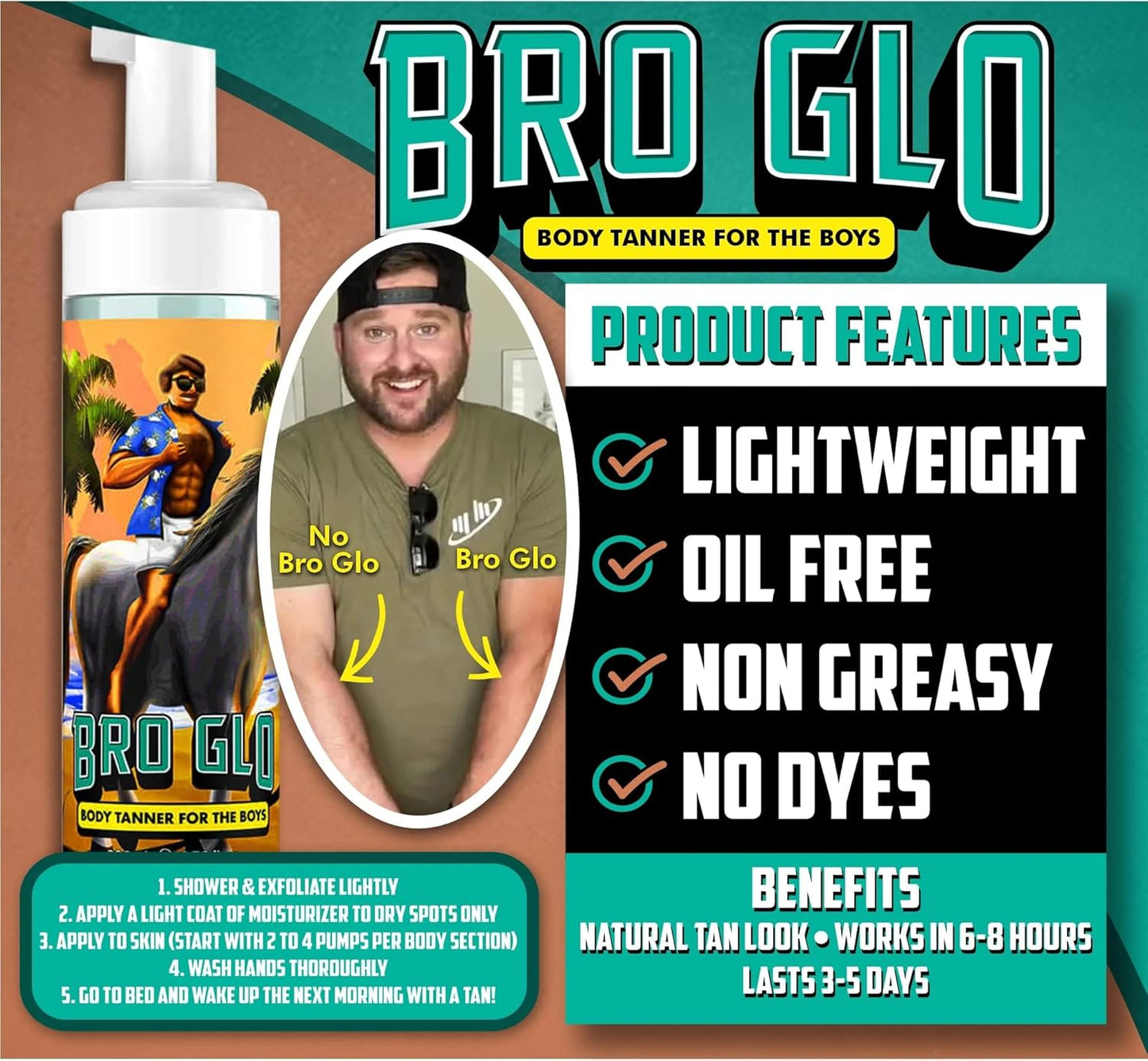 Bro Glo Self Tanner for The Boys - Quick Application Foam Mousse Easy Sunless Tan For Face and Body Oil Free Water Based Faster Skin Drying Natural Sun Kissed Bronze Color Perfect Men 6.76 FL oz