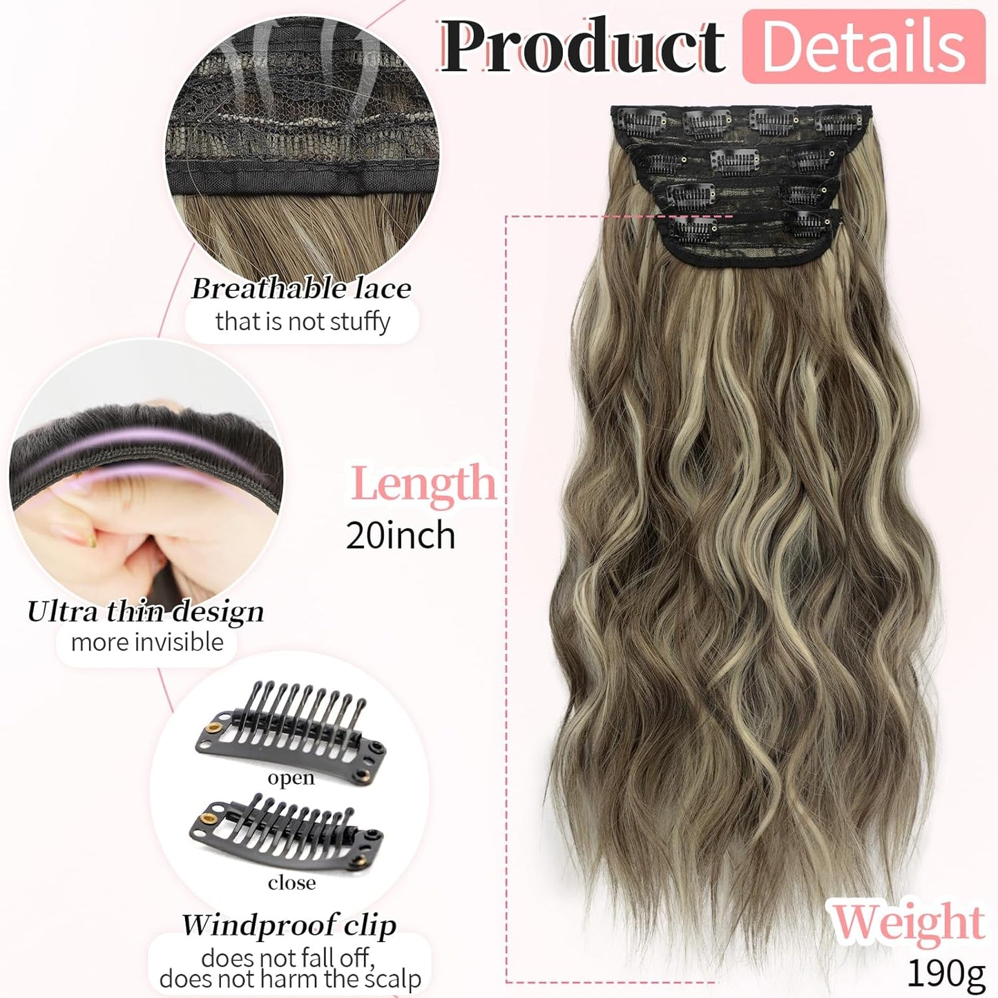 KooKaStyle Clip in Synthetic Highlight Hair Extensions Long Wavy 4PCS Thick Hairpieces Medium Brown Ash Blonde Fiber Double Weft Natural Hair Extensions 20 Inch for Women