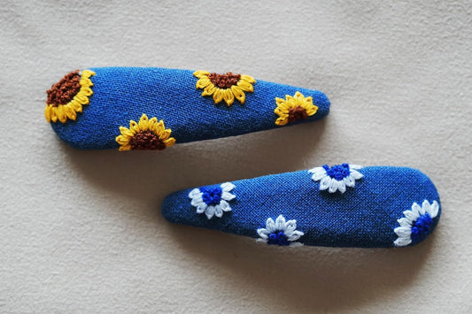 Handmade Embroidered Hair Clips – Sunflower & Daisy Design | Fabric-Covered Snap Barrettes for Women & Girls HC25