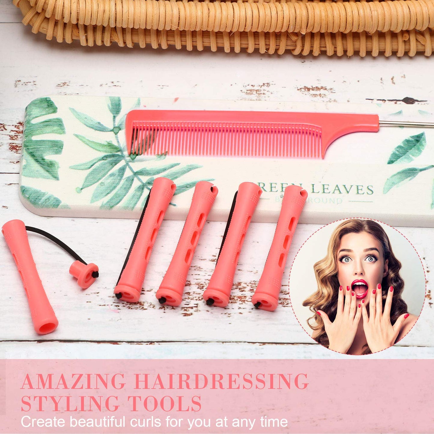 48 Pieces Hair Perm Rods Short Cold Wave Rods Plastic Perming Irons Hair Curling Rollers Curlers with Steel Pintail Comb Rat Tail Comb for Hairdressing Styling Supplies(0.51 Inch,Pink)