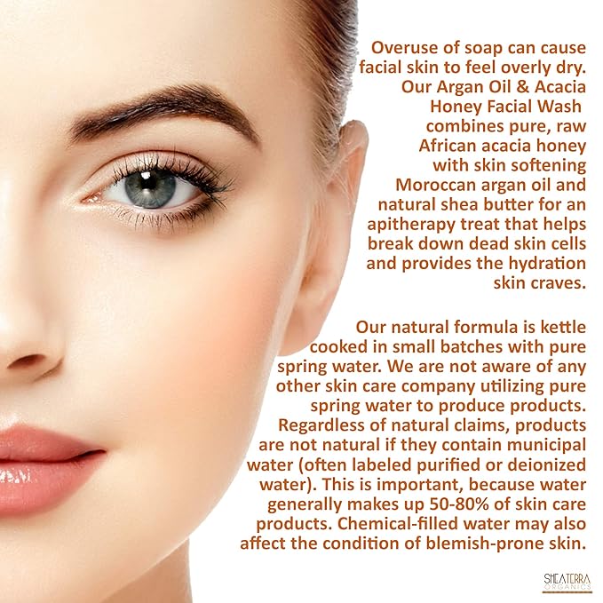 Shea Terra Organics Argan Oil & Acacia Honey Facial Wash Cleanser - Anti Aging, Breakout & Wrinkle Reducing Face Wash for Clear & Reduced Pores - With Organic & Natural Ingredients - 4 oz
