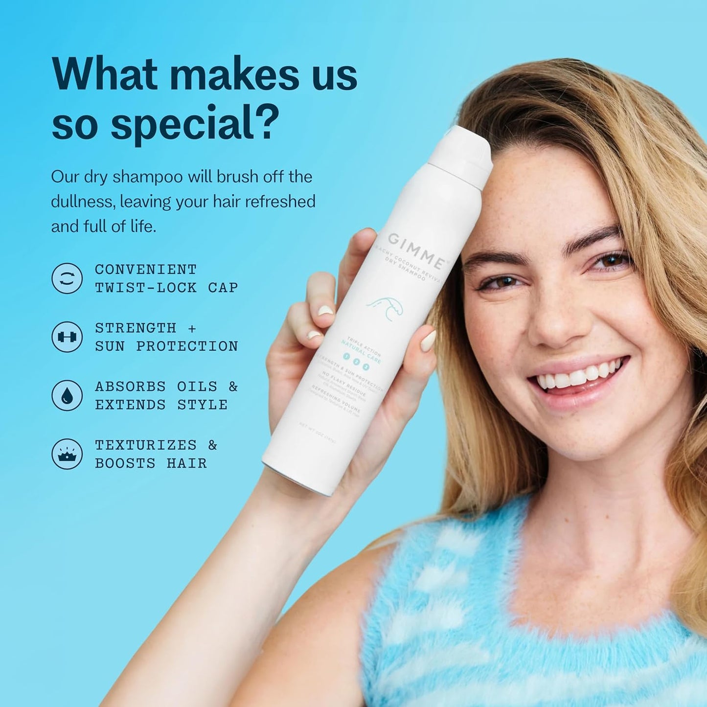 GIMME Beauty Dry Shampoo - For All Hair Types, Including Blonde - With Biotin, Aloe Vera & Keratin - Sulfate & Paraben Free with Sun Protection - Coconut Beachy Revival