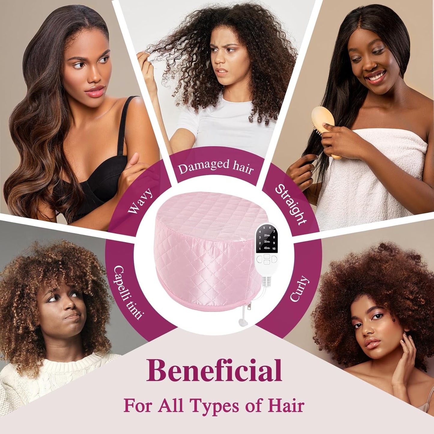 Heat Cap for Deep Conditioning: 10-Level Heats Up Quickly 3 Time Settings Hair Steamer for Natural Hair Home Use Thermal Steam Cap for Black Hair Portable Heating Caps Pink