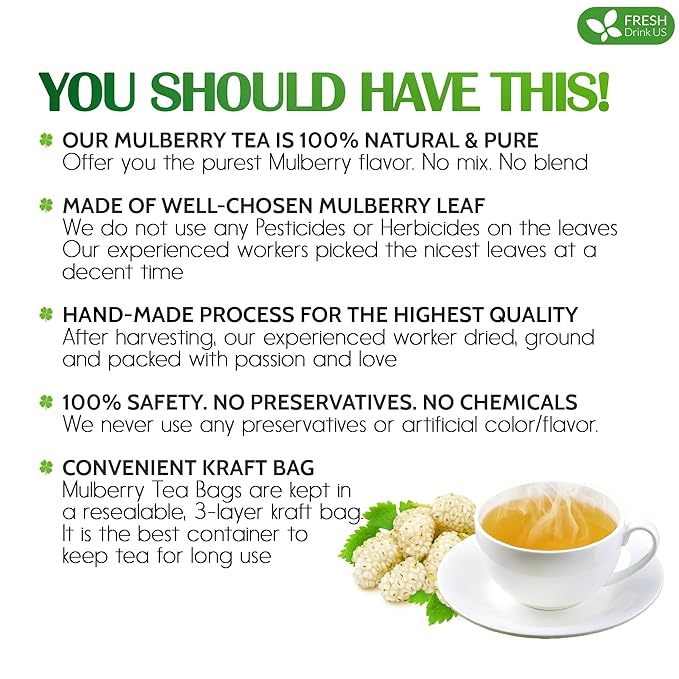 FreshDrinkUS, Premium 120 Mulberry Leaf Tea Bags, 100% Natural & Pure from Mulberry Leaves. Loose Leaf Mulberry Herbal Tea. Made with Natural Material Tea Bags. No Sugar, No Caffeine, No Gluten, Vegan.