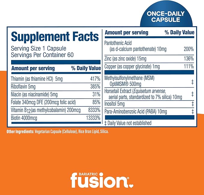 Bariatric Fusion ONE Per Day Bariatric Hair Skin and Nails Vitamins REJUVENATOR for Women | Vegan Hair Growth Vitamins with Biotin, Vitamin B12, and B1 | Easy to Swallow | 60 Capsules