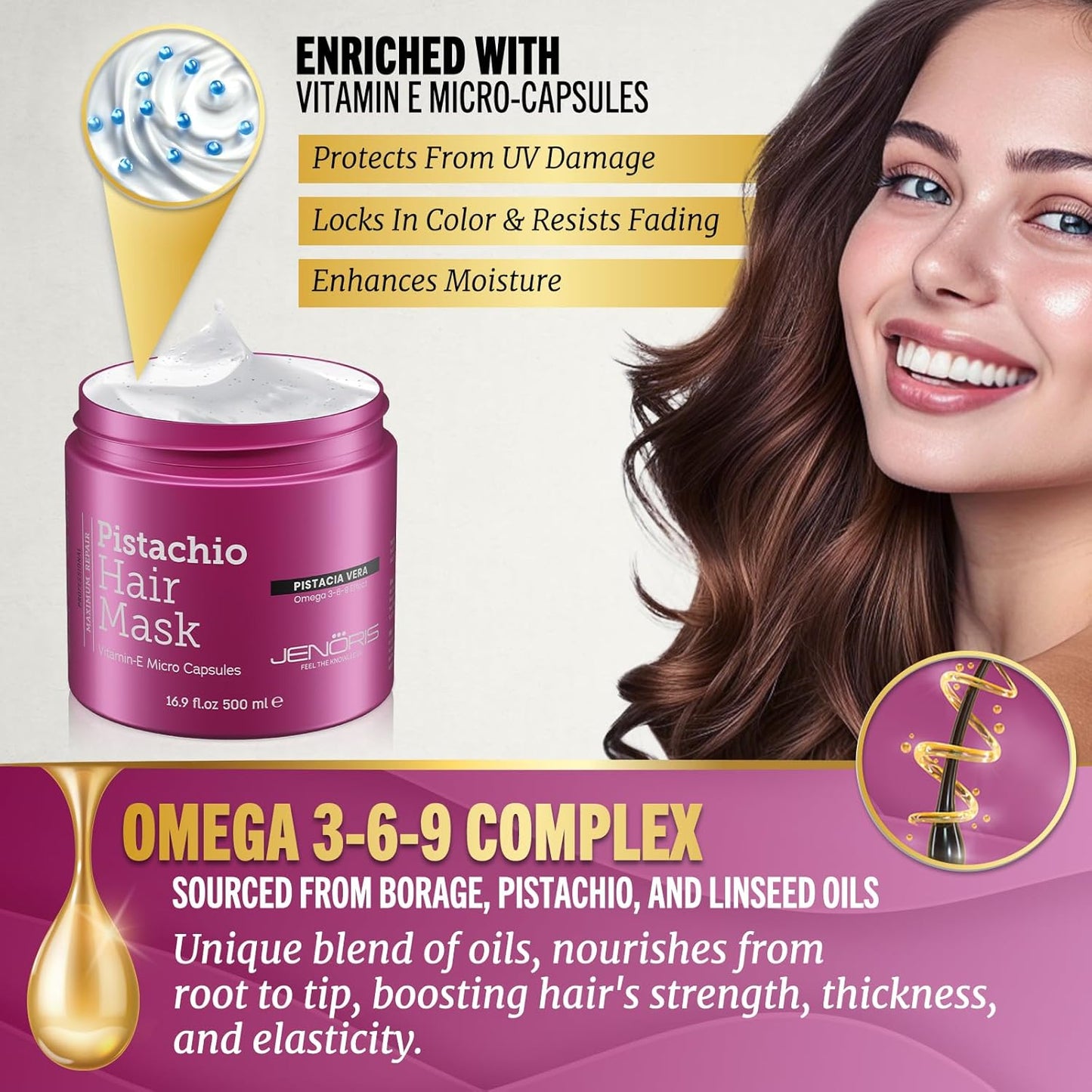 Jenoris Pistachio Hair Mask for Dry Damaged Hair – Deep Conditioning Hair Mask Treatment with Pistachio Oil & Vitamin E, For Color-Treated Hair, For Hair Repair, Paraben & Salt Free, 16.9 Fl Oz