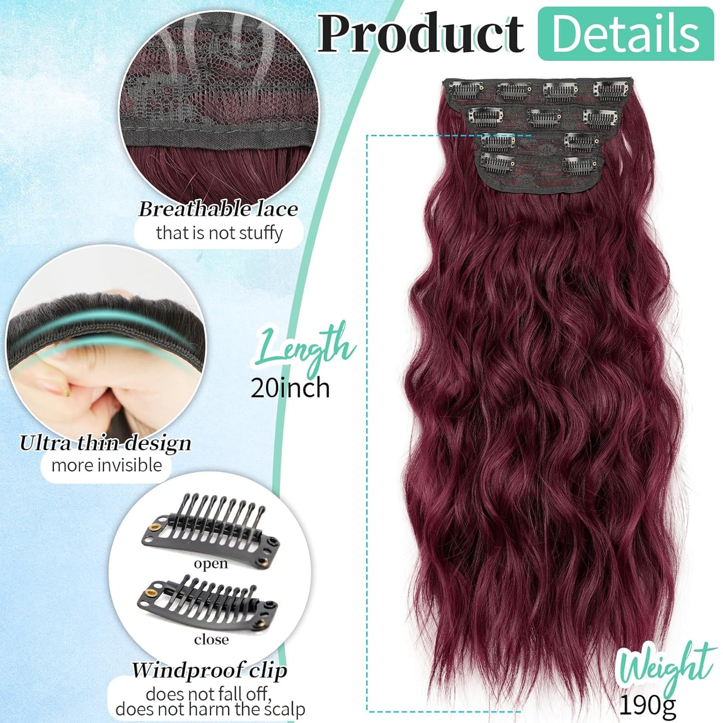 KooKaStyle Hair Extensions Burgundy Clip in Synthetic Highlight Hair Extensions Long Wavy 4PCS Thick Hairpieces 20 Inch for Women