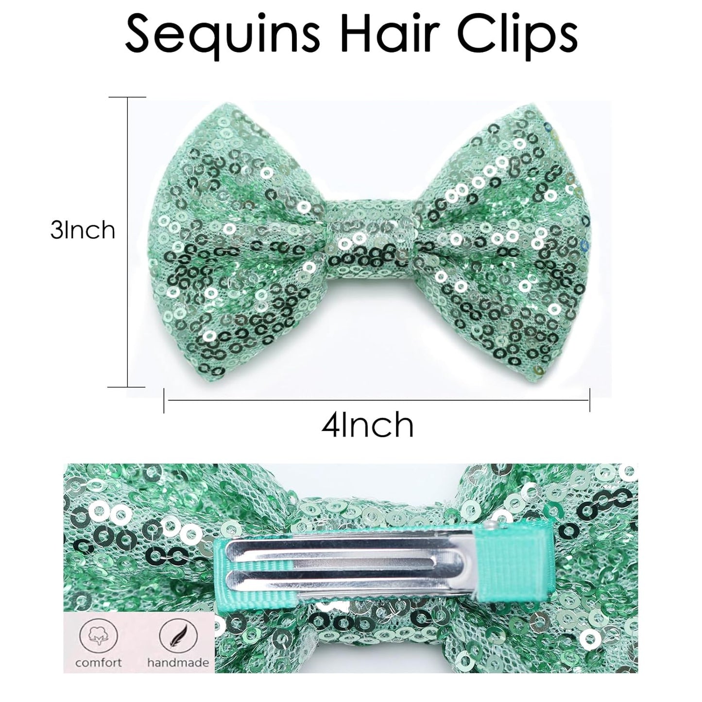 KISZU 4 Inch Sequin Glitter Hair Bows Clips, Sparkling Bling Little Bow HairPins Hair Accessories for Baby Girls Kids Children Teens and Women (Green)
