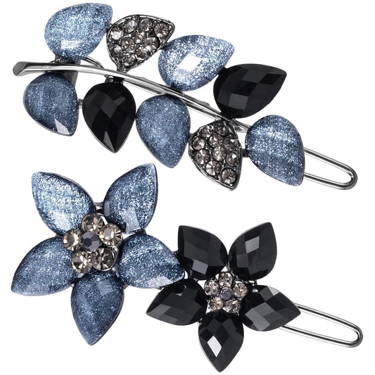Joez Wonderful 2 Pcs Vintage Rhinestone Hair Clips, Fancy Ink-Blue & Black Hair Barrettes, Decorative Flower Hair Clips, Formal Hair Accessories for Wedding, Women, Bride (1.8 Inch)