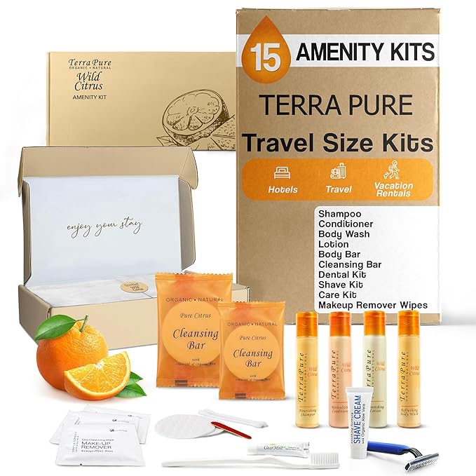Terra Pure Amenity & Accessory Kit |1 oz Travel Size Shampoo, Conditioner, Lotion, Body Wash, 2 Cleansing Bars, Shave & Dental Sets, Make-Up Remover Wipes, & Vanity Kit | 15 sets per case