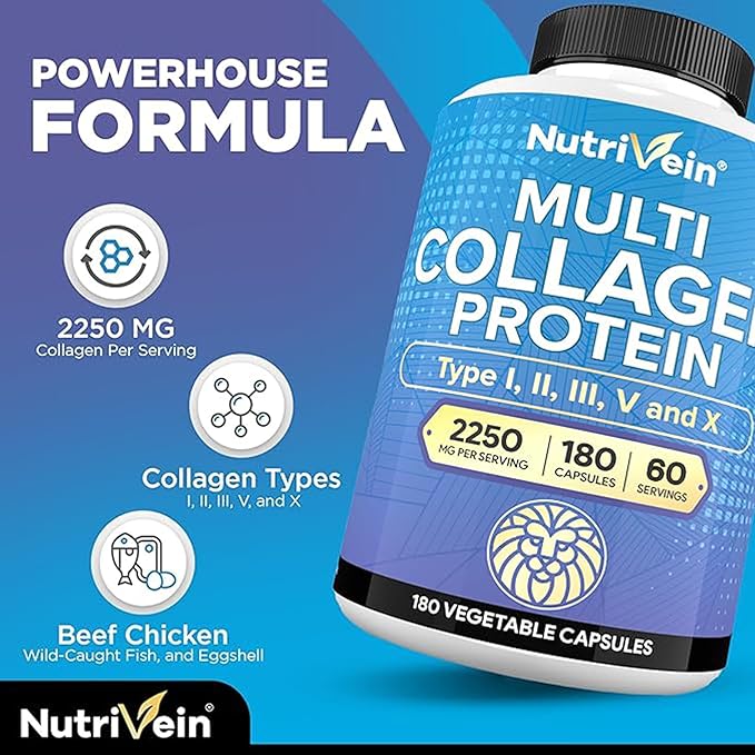 Nutrivein Premium Multi Collagen Pills 2250 mg - 180 Easy-to-Swallow Collagen Capsules: Type I, II, III, V, X Hydrolyzed Protein Peptides for Women and Men - Aging, Joints, Hair, Skin, Bones, & Nails