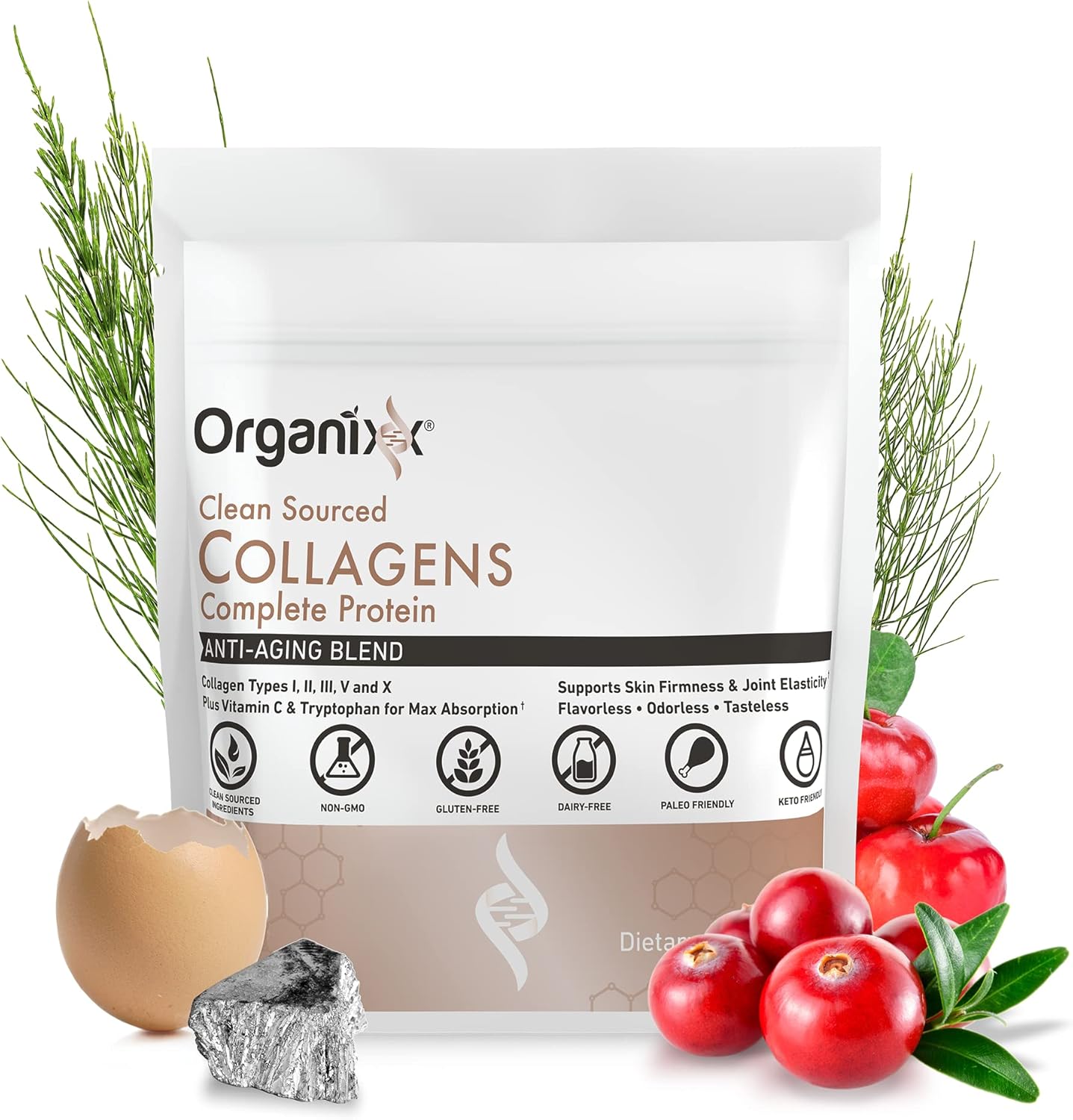 Organixx Collagen Peptides Powder with Vitamin C, Types I, II, III, V, X Hydrolyzed Collagen, Hair, Nail, Skin, Bone & Joint Health, Aging Support, Clean Sourced, Gluten Free, Unflavored, 15 Servings