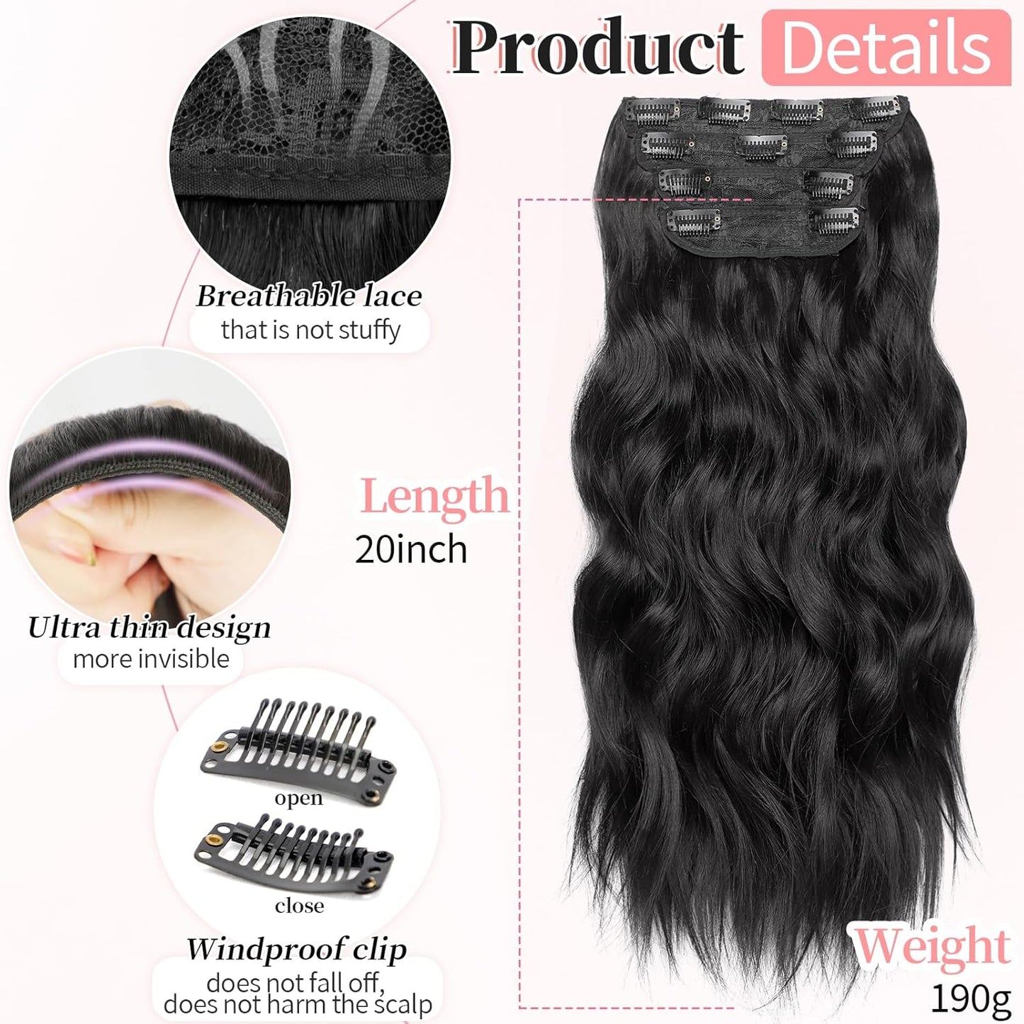 KooKaStyle Clip in Synthetic Hair Extensions Long Wavy 4PCS Thick Hairpieces Black Fiber Double Weft Natural Hair Extensions 20 Inch for Women