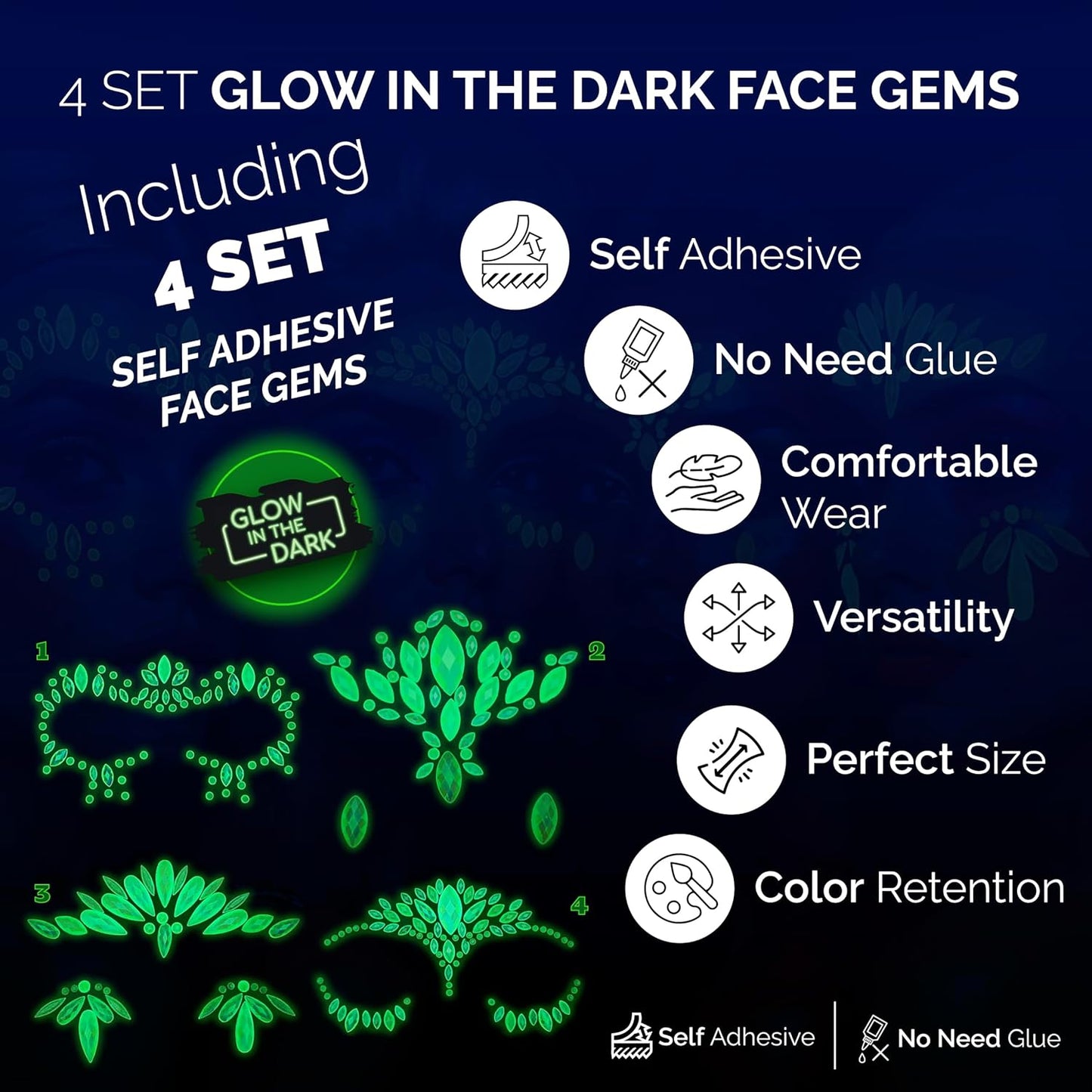 Face Gems Adhesive Glitter Jewel Tattoo Sticker Festival Gems Rave Party Body Make Up (GLOW IN THE DARK)