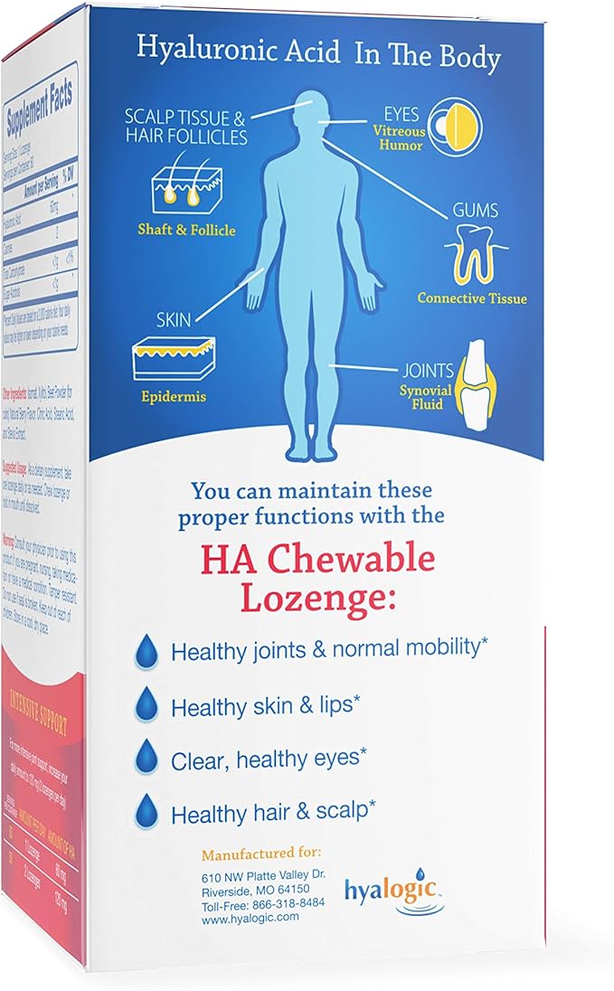 Hyalogic Hyaluronic Acid Chewables 60 Count - Great Tasting Berry Flavored (120mg per 2 Tablets) - Defy Aging Naturally - Sugar Free HA Supplement for Skincare & Eye Health