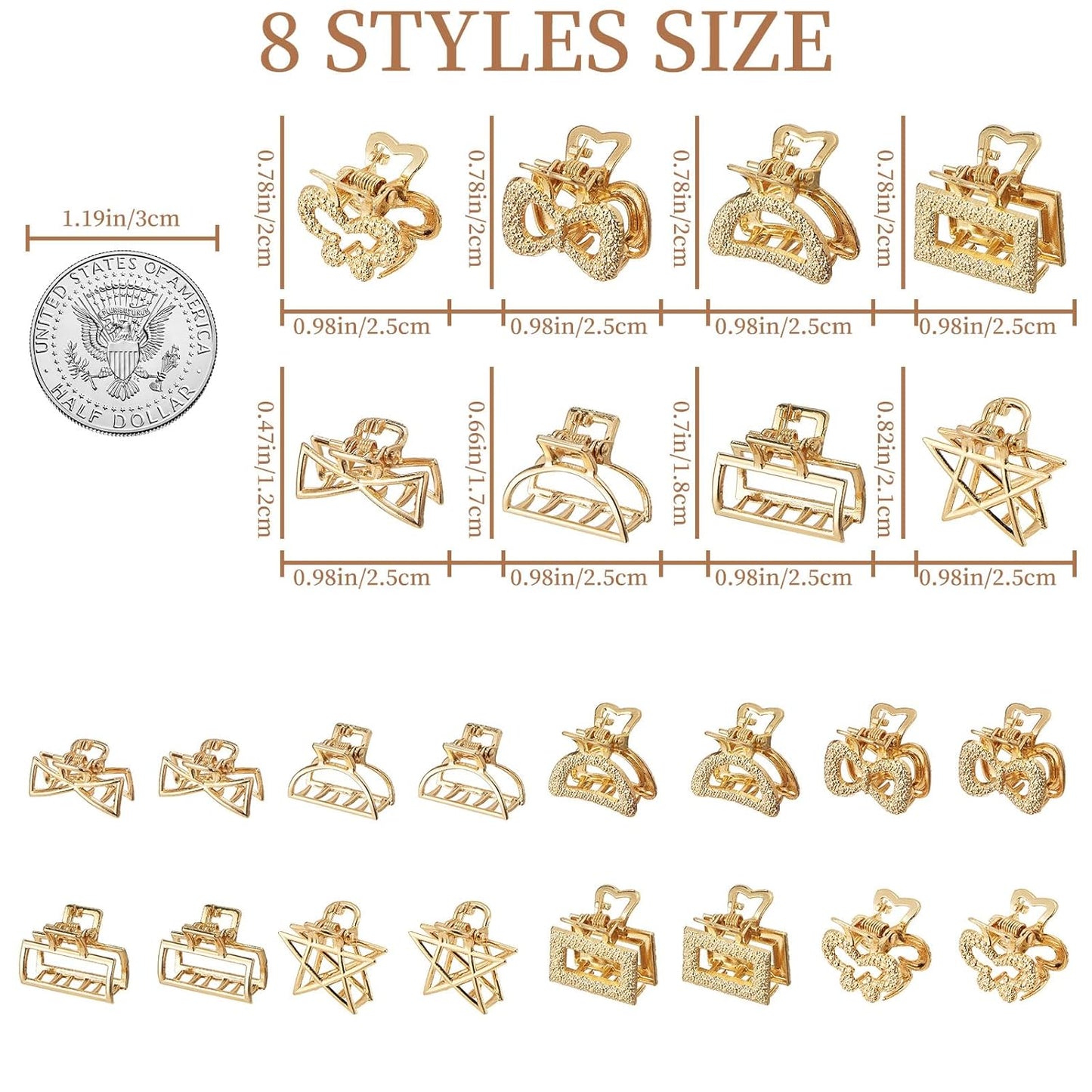 Mini Hair Clips for Women 16PCS 0.98" Gold Metal Small Claw Clips Women Non Slip Bangs Pins for Thick/Thin Hair(16PCS-Style 10(NEW))