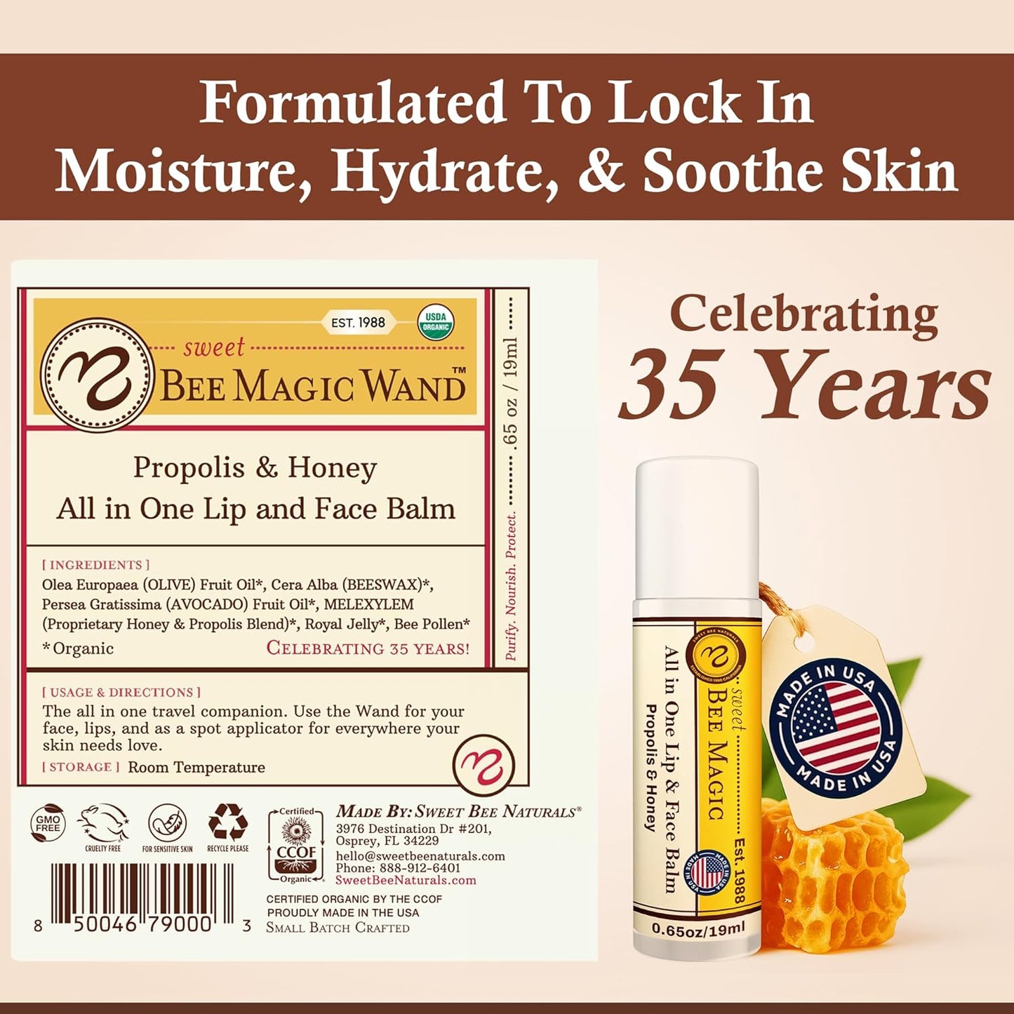 Sweet Bee Naturals Magic Wand - Certified Organic Lip and Face Moisturizing Wand - Natural Balm Wand for Dry Skin and Lips, Non-Petroleum Jelly for All Ages and Skin Types,0.65 oz-6 pack