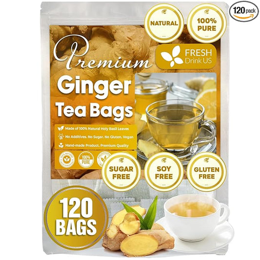 FRESHDRINKUS Premium 120 Ginger Tea Bags, 100% Natural & Pure from Ginger Roots, Ginger Tea, Ginger Herbal Tea. Ginger Tea. No Sugar, No Caffeine, No Gluten, Vegan.