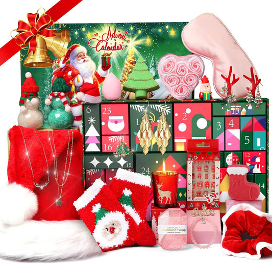 Christmas Advent Calendar 2025 For Adult Women, Christmas 24 Pieces Beauty Fashion and Jewelry Bath Sets Countdown Gifts, Christmas Surprise Gift Baskets for Women, Mom, Wife, Sister, Colleague, Adult