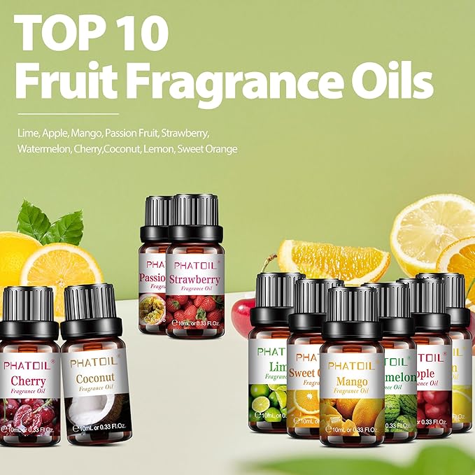10Pcs Fruity Fragrance Oil Set, Coconut, Cherry, Apple, Strawberry, Mango Candle Scents for Candle Making, Freshie Scents for DIY Soap Making, Diffuser Oil Scents Set