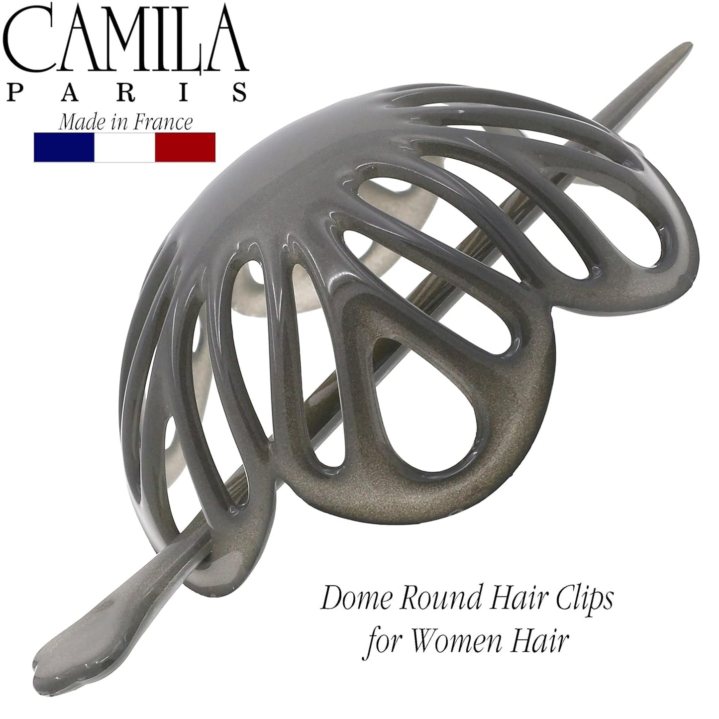 Camila Paris CP3145 French Hair Bun Clip Maker Cover Cap Holder, Gray, Round Dome Bun Hair Clip for Women Hair Updo, Styling Hair Bun Accessories for Women, No Slip and Durable, Made in France